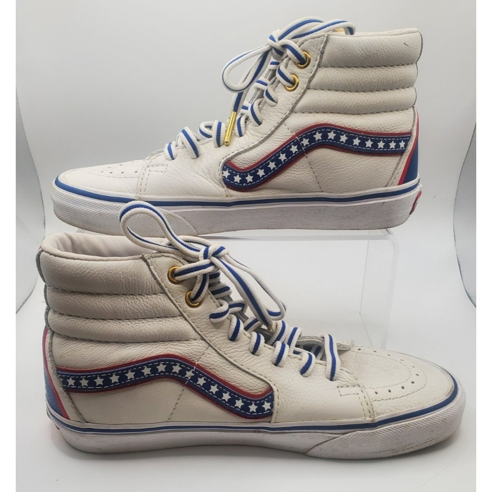 Vans Americana White Leather W/ Red Blue Stripes White Stars Shoes M: 5 W: 6.5